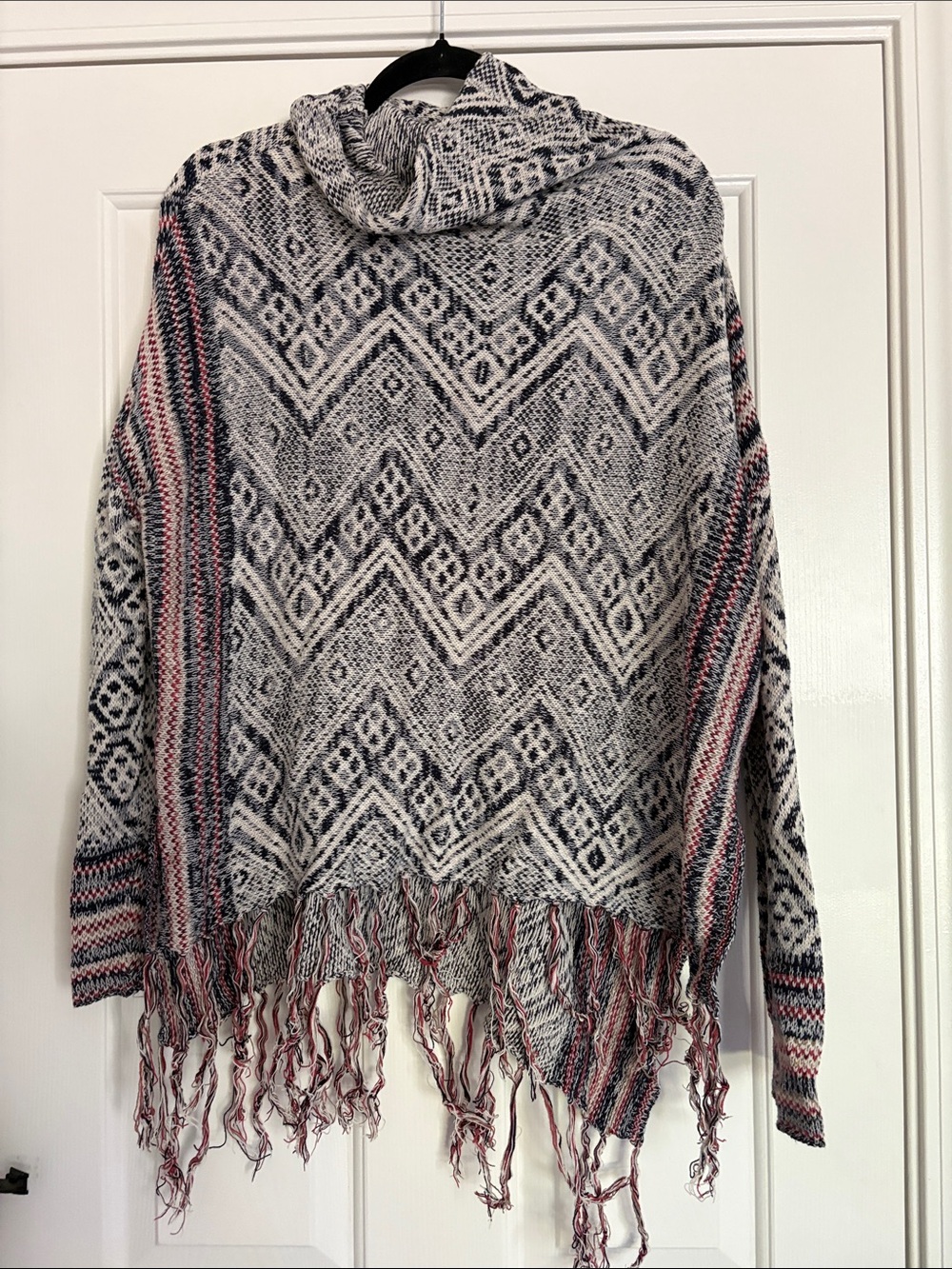Arpeggio Fringed Cowl Neck Poncho Sweater in Gray and Pink